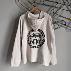 Vintage 80s Stussy Cream Hoodie mock neck Beach Baja Pullover Surf Skate XLarge